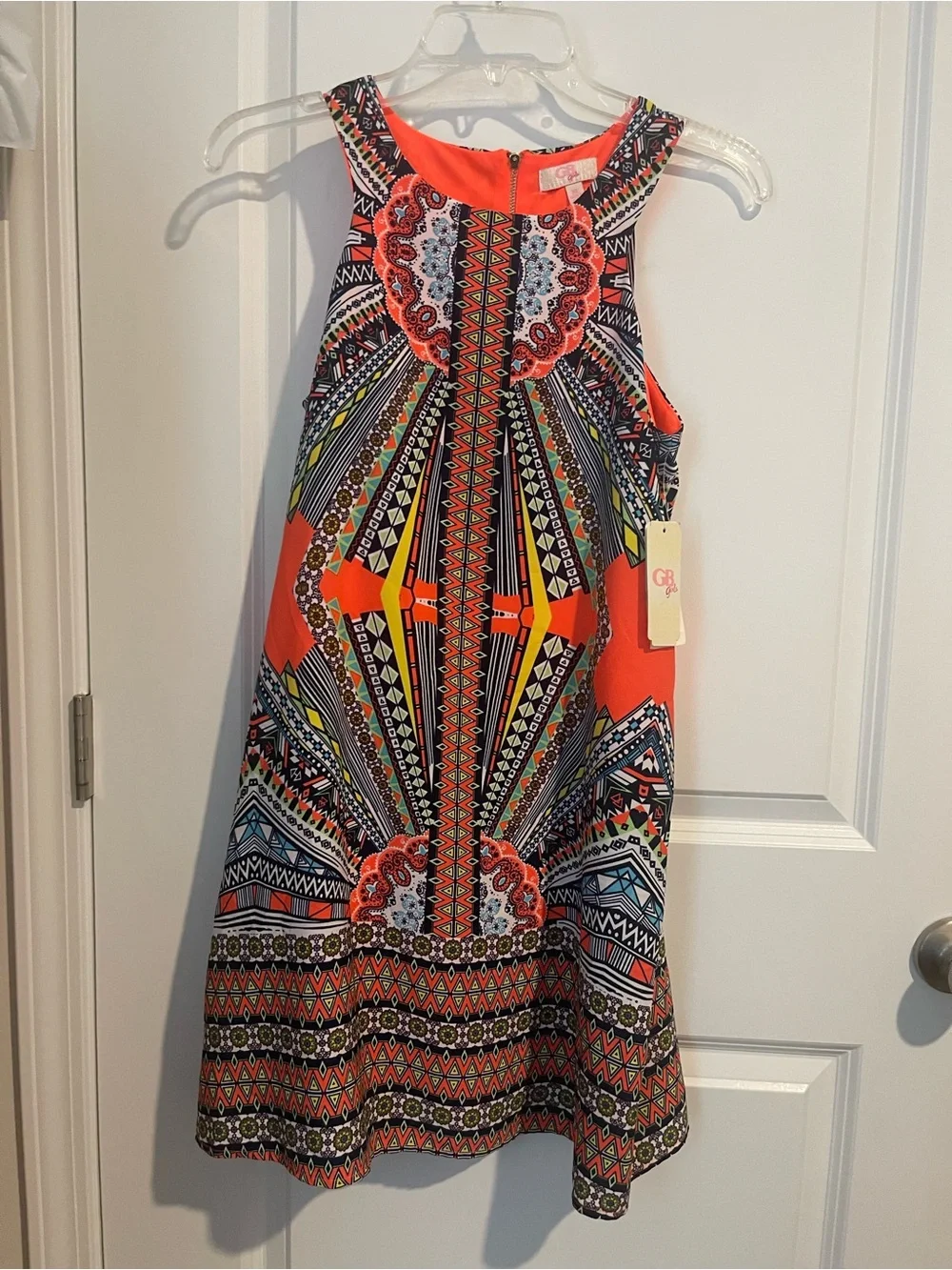 GB girls Coral and Multicolor Geometric Sleeveless Dress XL A Line Knee Length